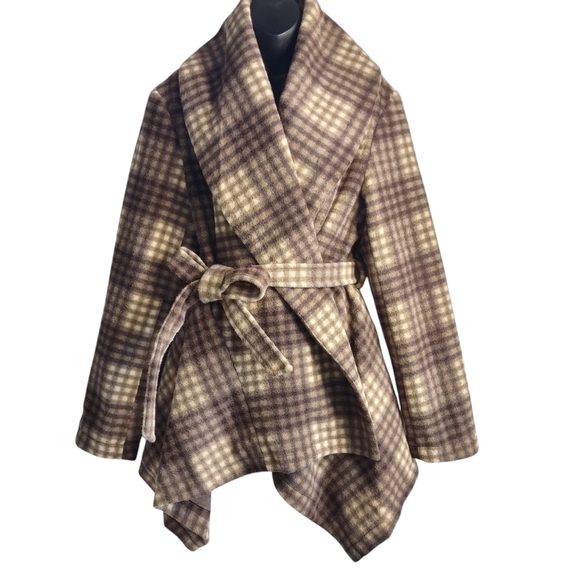 Maurices Women's Brown White Plaid Belted Wrap Pea Coat Size XL NWT - Picture 1 of 10